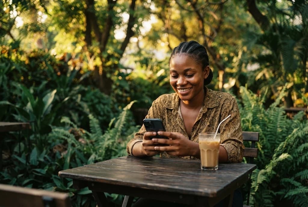 A young woman at a café in Osu smiling as she replies to a message on her phone