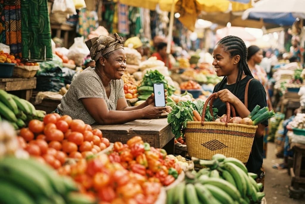 A market trader in Makola showing a payment confirmation on her phone to a customer