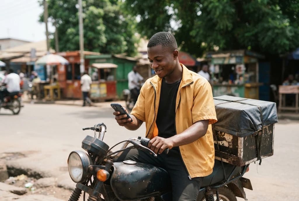 A delivery rider on his motorbike in Accra checking an order update on his phone